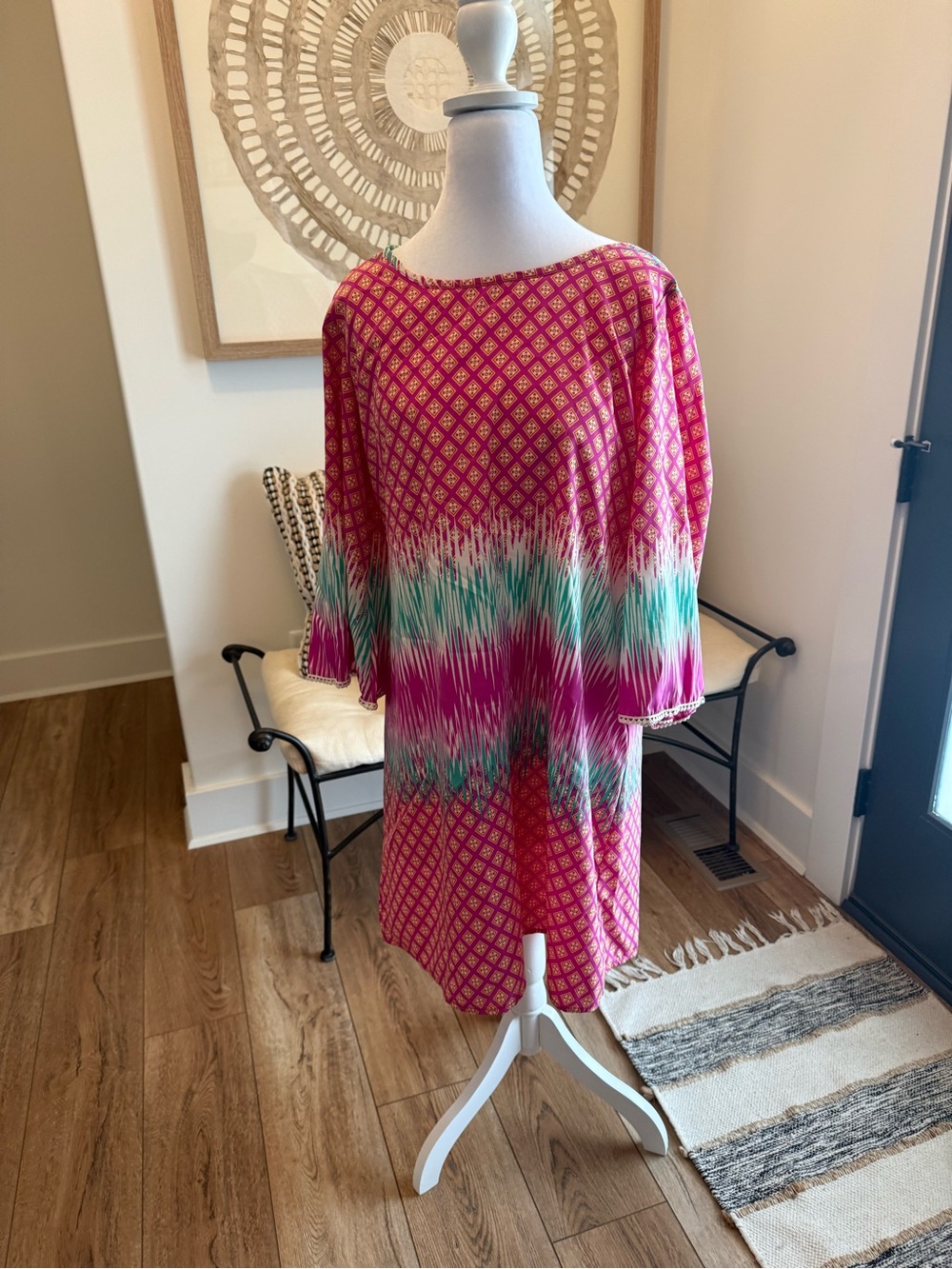 Peach Love California Pink Patterned Dress with Teal Accent